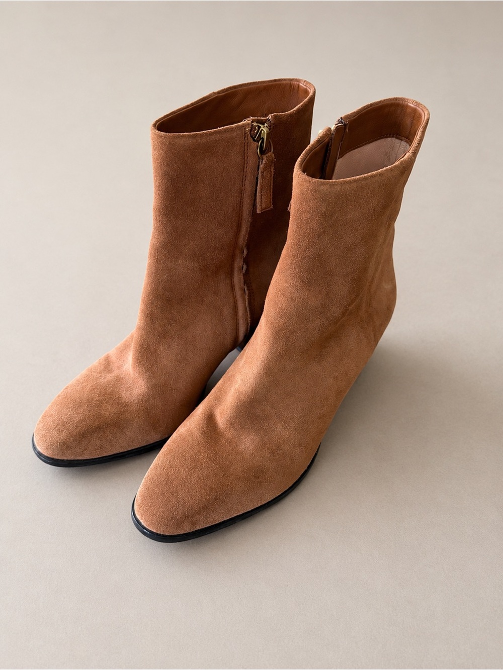 J.Crew Suede Ankle Booties Camel Brown Block Heel Size 8 Leather Lined